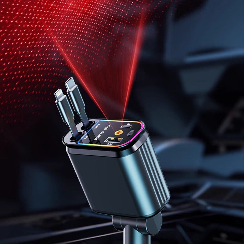 Multifunctional charging adapter with red light projection on a dark background
