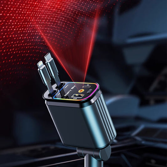 Multifunctional charging adapter with red light projection on a dark background